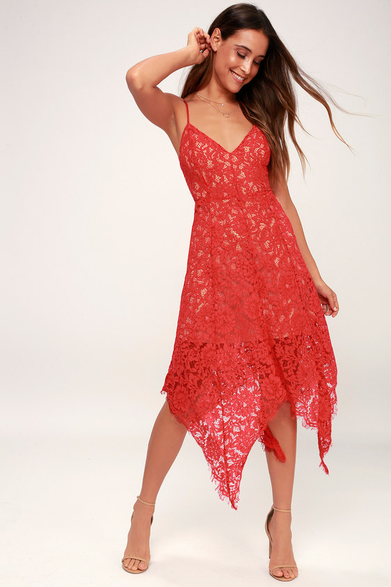 Lovely Red Lace Dress - Red Midi Dress ...